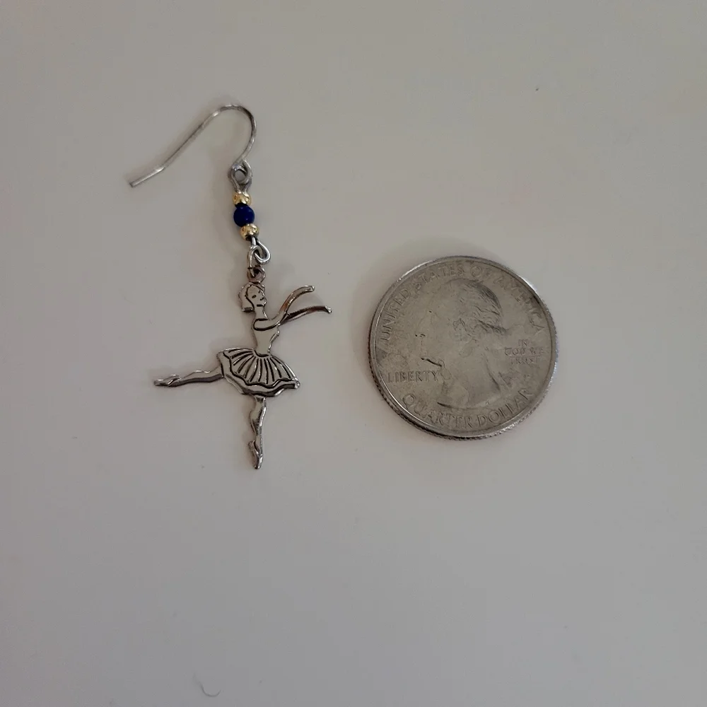 3/$15 Vintage Ballerina Drop Fishhook Earrings Gold-tone Metal with Blue Beads - Picture 2 of 3